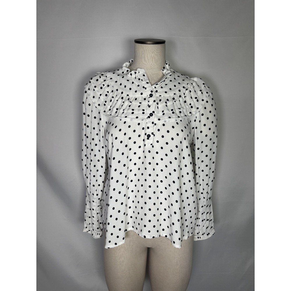 Topshop Size US 6 Black and White Polka Dot Long Sleeve Button Up Blouse Ruffles